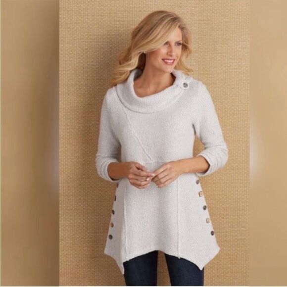 Soft Surroundings Cowl Neck Off White Breakwater Buttons Tunic Top Casual - Picture 1 of 13